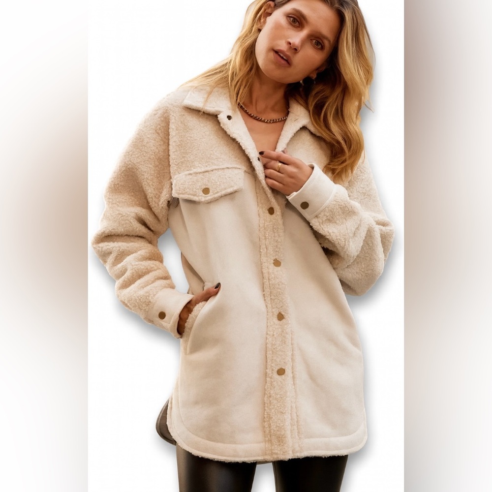 12th Tribe Teddy Sherpa Shacket Jacket Cream Beige Cozy‎ Oversized Small